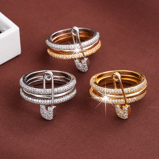 A European and American creative fashion three-color ring can be split ring women's personality micro-inlaid zircon pin ring - Mixbatch