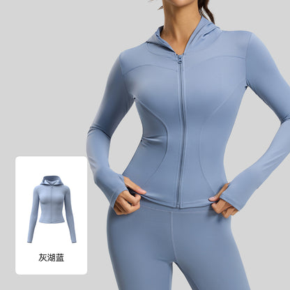 A Hooded Slim Yoga Jacket Stretch Skinny Windproof Running Cycling Sports Jacket