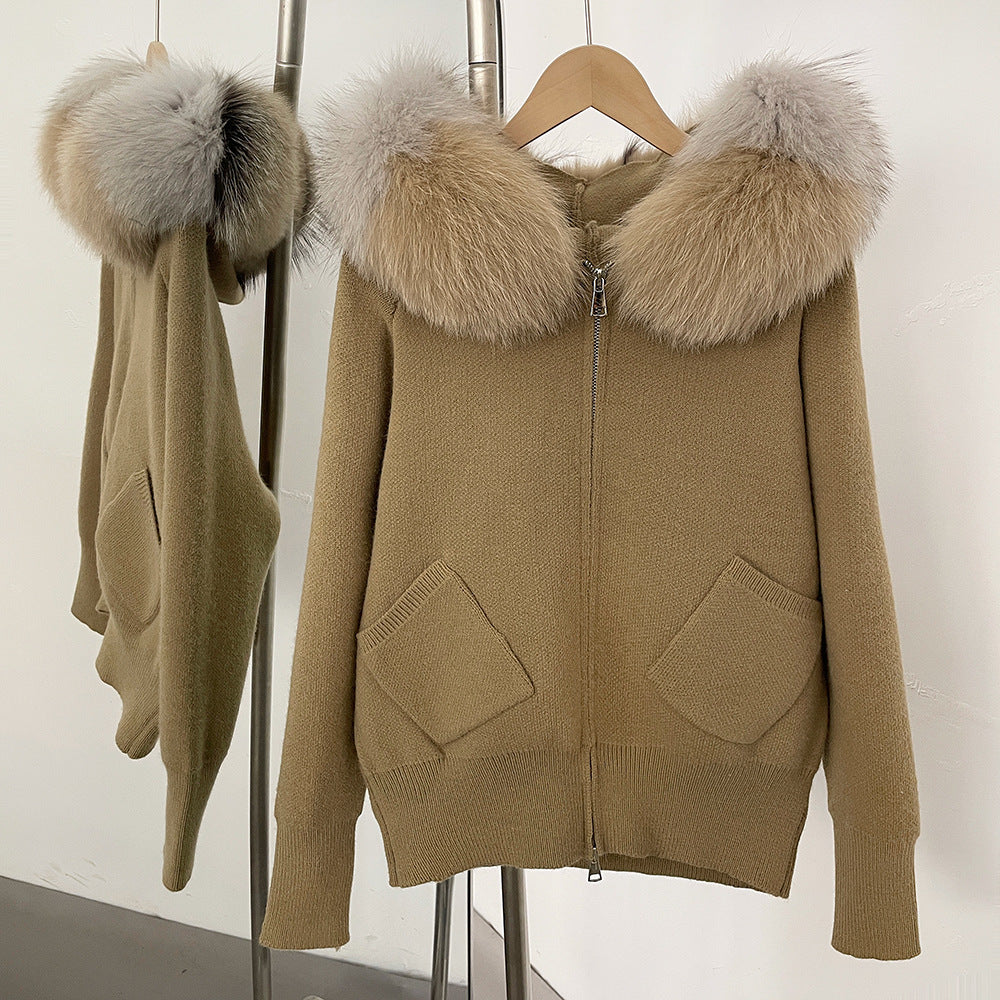 A autumn and winter new knitted sweater women's Korean version removable oversized real fox fur collar hooded knitted cardigan jacket