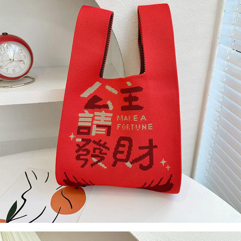 A Internet celebrity handbag women's knitted wool bucket bag Japanese and Korean version versatile hand carry casual tote bag box lunch bag y