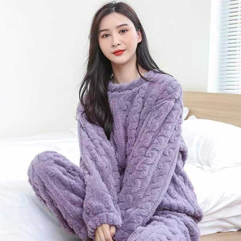 A Strictly selected coral fleece pajamas women's autumn and winter jacquard comfortable cotton fleece thickened loungewear two-piece set loose warm suit - Mixbatch