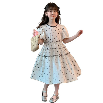 A children's dress summer new Korean version of foreign style princess dress girls middle and older children's bow bubble sleeve skirt tide