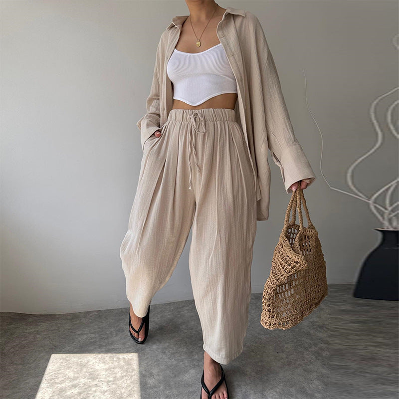 A autumn new simple niche lapel collar long-sleeved shirt high waist trousers casual suit