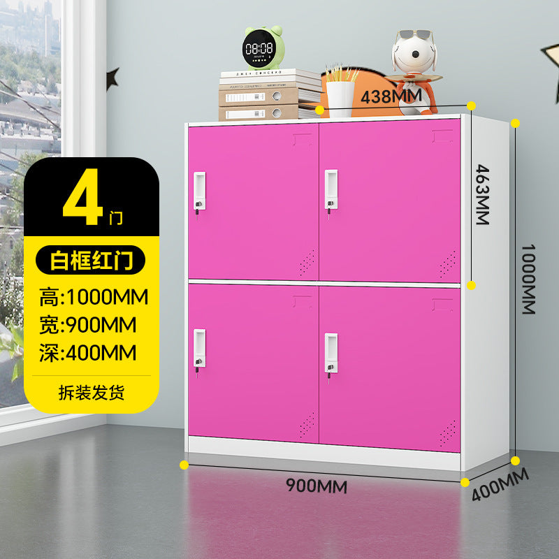A colorful metal storage locker for school classrooms