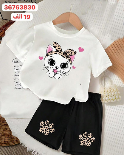A Children's cute cartoon pattern printing set boys and girls short-sleeved T-shirt + shorts