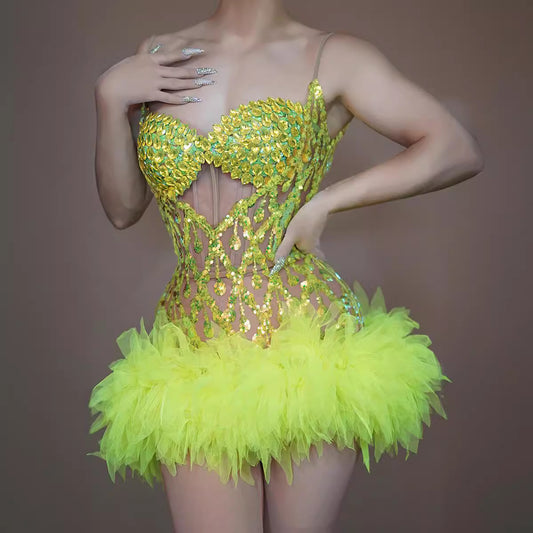 A costume nightclub bar female fluorescent full diamond mesh suspender skirt singer dance team jackfruit