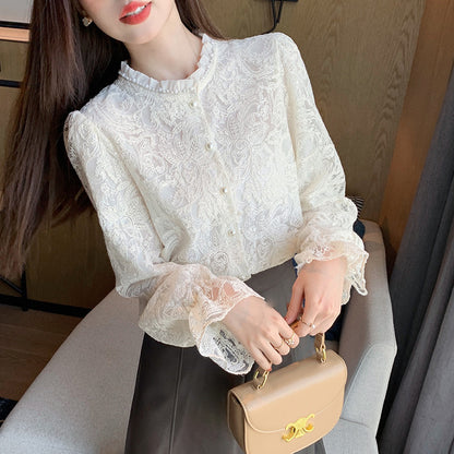 A spring new hollow long-sleeved lace shirt blouse spring shirt