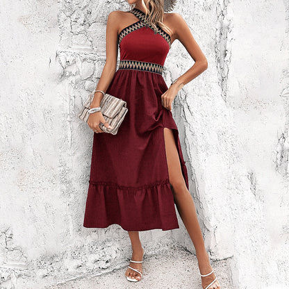 2025 spring and summer temperament high waist elegant waist hanging neck contrasting color split dress women's clothing - Mixbatch