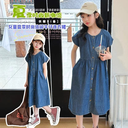 A new foreign style fashionable older children's princess dress denim skirt children's summer short-sleeved skirt