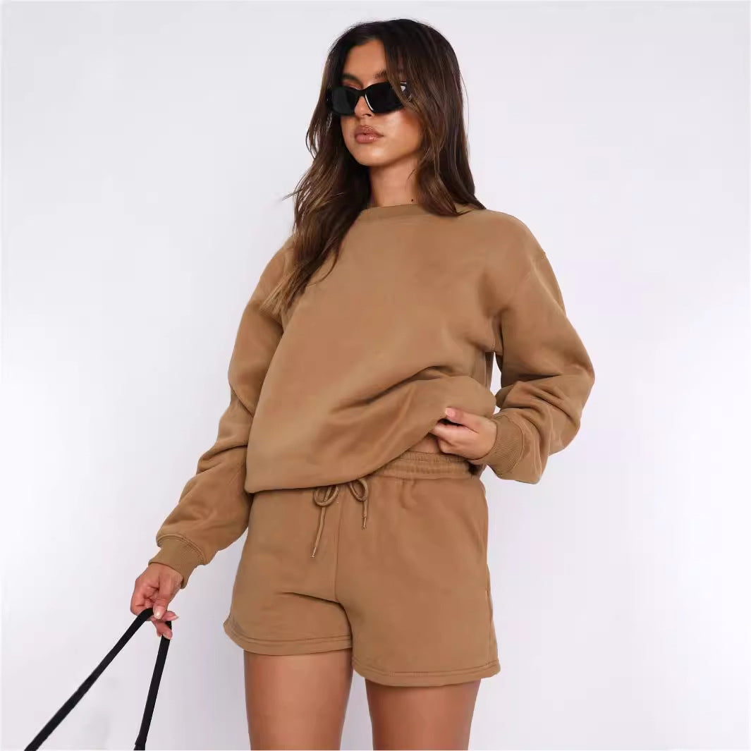 A solid color loose and versatile casual crew neck sweater shorts set - Mixbatch
