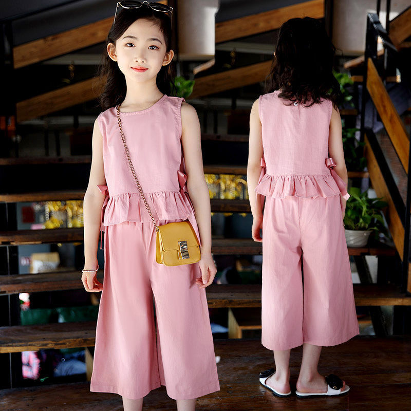 A {cotton%} girls summer cotton and linen set, new children's wide-leg pants two-piece set