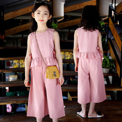 A {cotton%} girls summer cotton and linen set, new children's wide-leg pants two-piece set