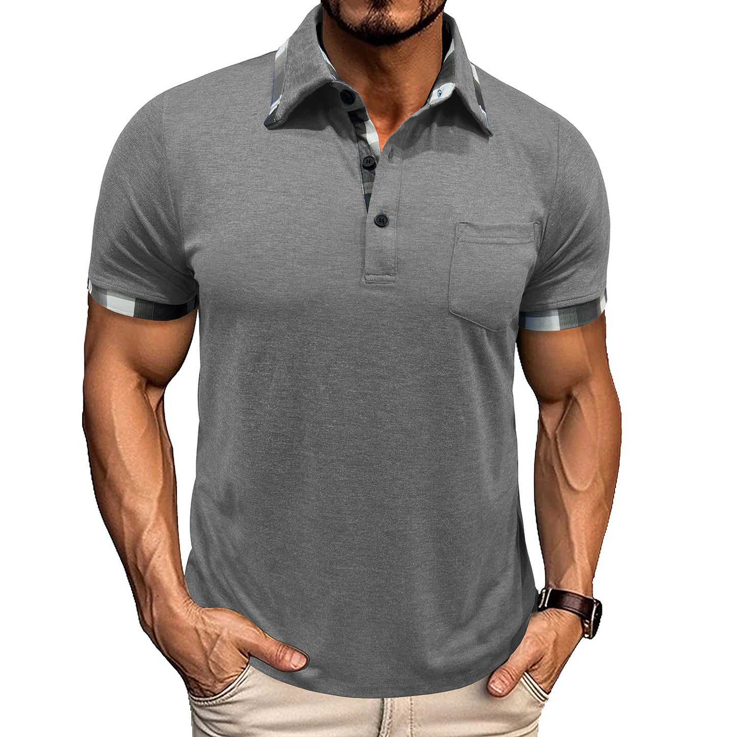 A European and American men's clothing summer lapel plaid short-sleeved POLO shirt top cross-border men's pocket fashion polo jersey Henry
