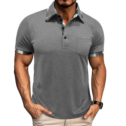 A European and American men's clothing summer lapel plaid short-sleeved POLO shirt top cross-border men's pocket fashion polo jersey Henry