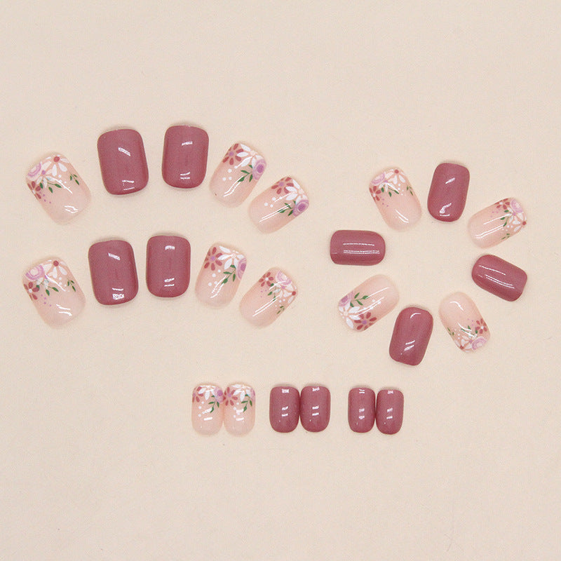 A girl pink short retro flower manicure, sweet girl fake nails, gentle spring and summer flowers wearing nail pads - Mixbatch
