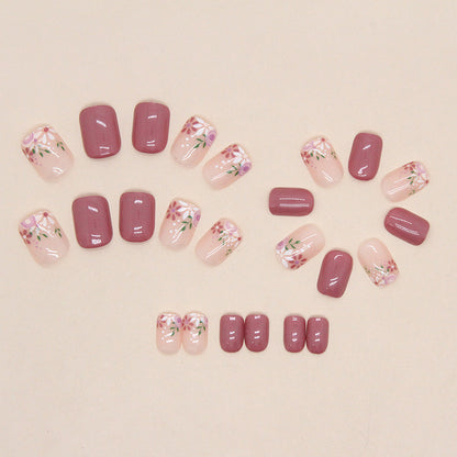 A girl pink short retro flower manicure, sweet girl fake nails, gentle spring and summer flowers wearing nail pads - Mixbatch