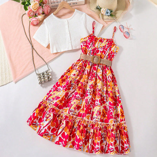 A  floral full print lotus leaf edge suspender skirt short short sleeve top girls two-piece set