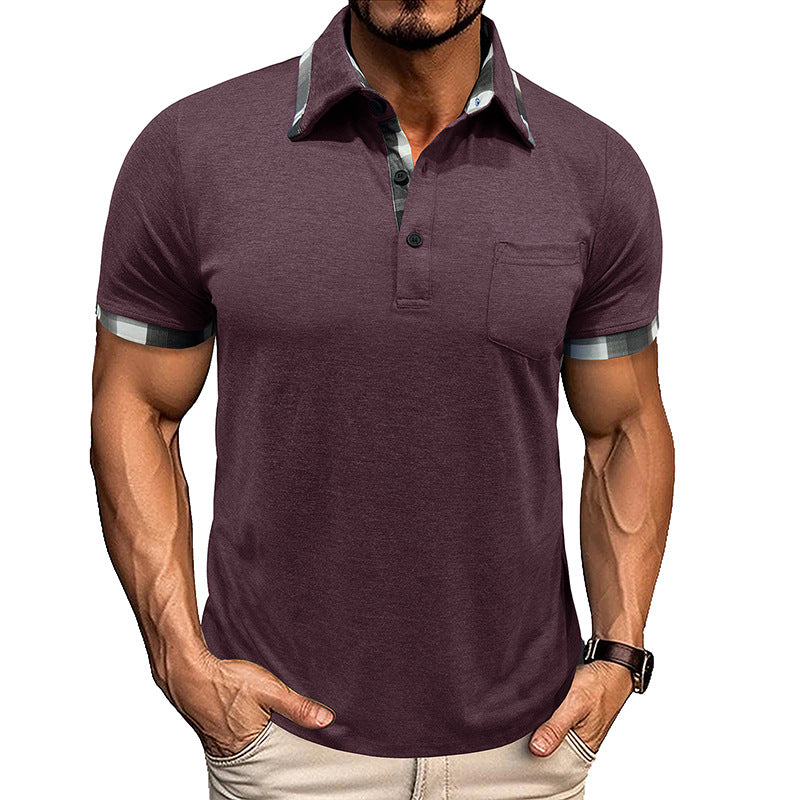 A European and American men's clothing summer lapel plaid short-sleeved POLO shirt top cross-border men's pocket fashion polo jersey Henry