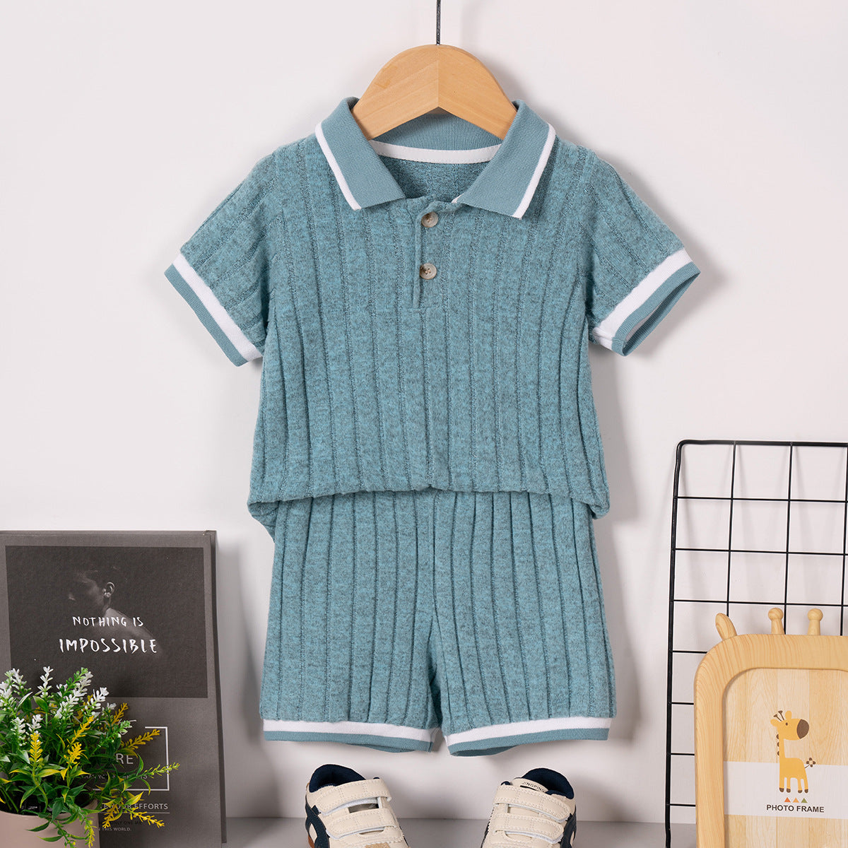 A summer boys short-sleeved shorts set two-piece set Polo collar British style solid color set shein popular - Mixbatch