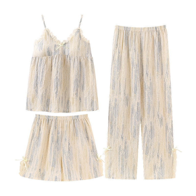 A pajamas women's summer suspenders shorts trousers three-piece set bubble cotton loungewear - Mixbatch