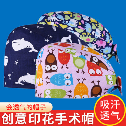 A Surgical cap Printed cap Pure cotton female nurse Baotou Fluffy cap Adjustable Baotou cap Female confinement