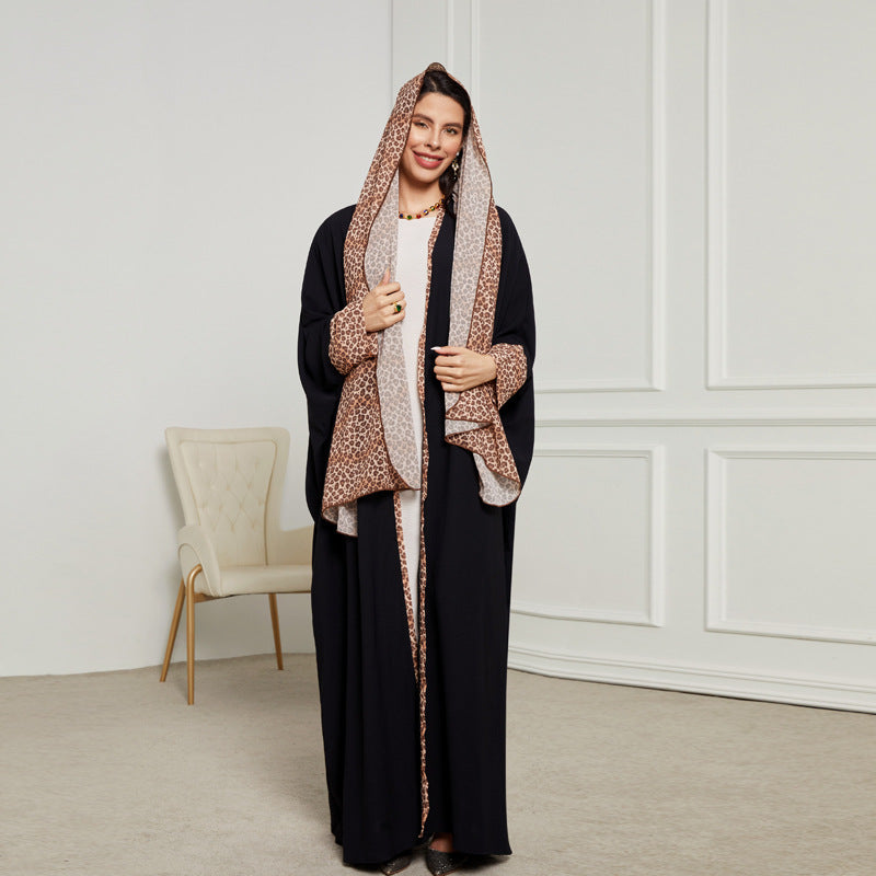 Leopard print headscarf Middle Eastern Muslim clothing long dress fashion elegant cardigan contrasting color dress robe - Mixbatch