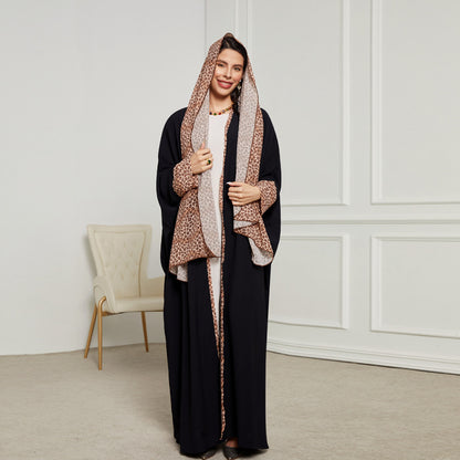 Leopard print headscarf Middle Eastern Muslim clothing long dress fashion elegant cardigan contrasting color dress robe - Mixbatch