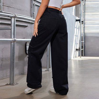 A Women's Loose Wide Leg Tooling Mid Waist Jeans Trousers
