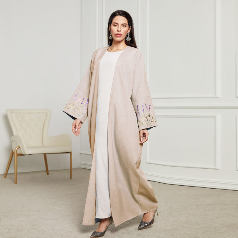 New long dress Middle Eastern Muslim clothing fashionable and elegant embroidered flower cardigan imitation hemp dress robe - Mixbatch