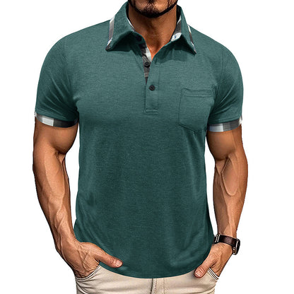A European and American men's clothing summer lapel plaid short-sleeved POLO shirt top cross-border men's pocket fashion polo jersey Henry