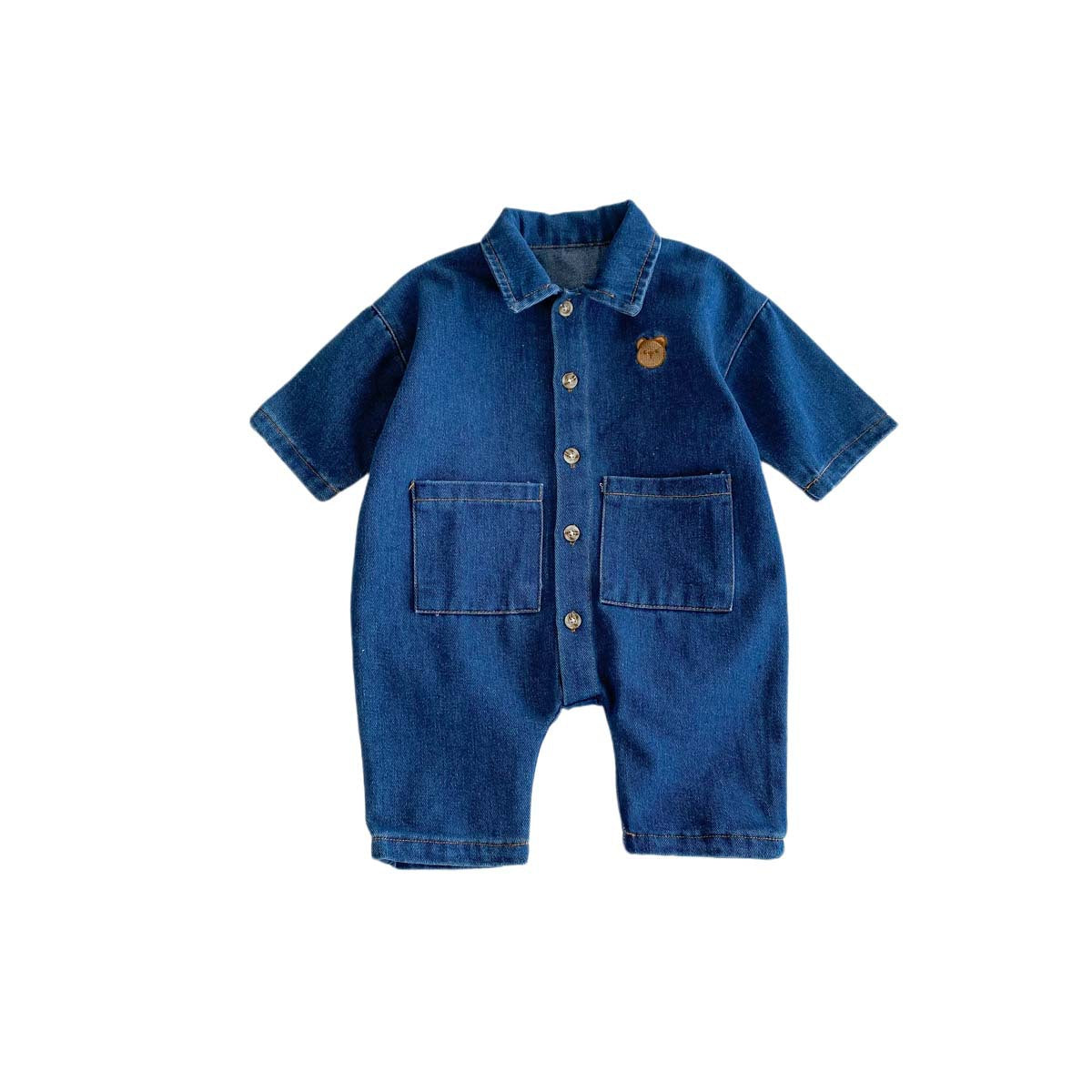 A baby spring and autumn denim jumpsuit for boys and girls, cartoon teddy bear with open buckle, long crawling clothes for newborns - Mixbatch