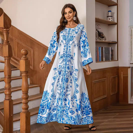 A ZD029 Middle Eastern Muslim Robe High Density Hot Diamond Bead Women's Blue and White Porcelain Elegant Crew Neck Dress Abaya