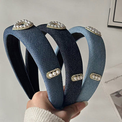 A Denim Blue High Cranium Headband Spring and Summer Daily Out Temperament Hair Accessories Premium Sense Wide Edge Headband