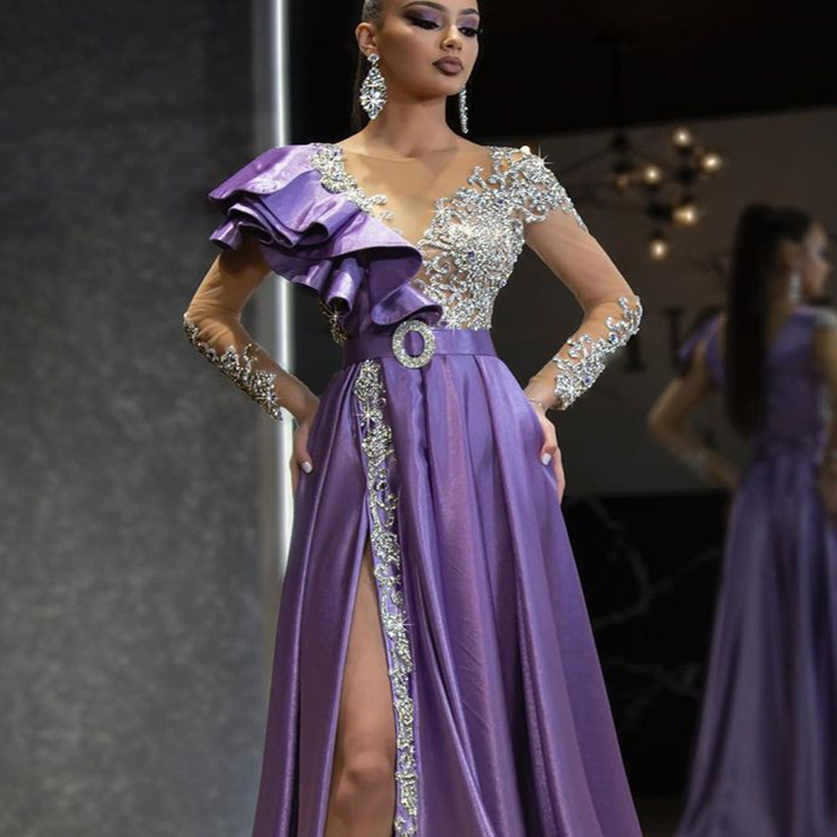 A European and American women's evening dress women's gold purple sequined dress