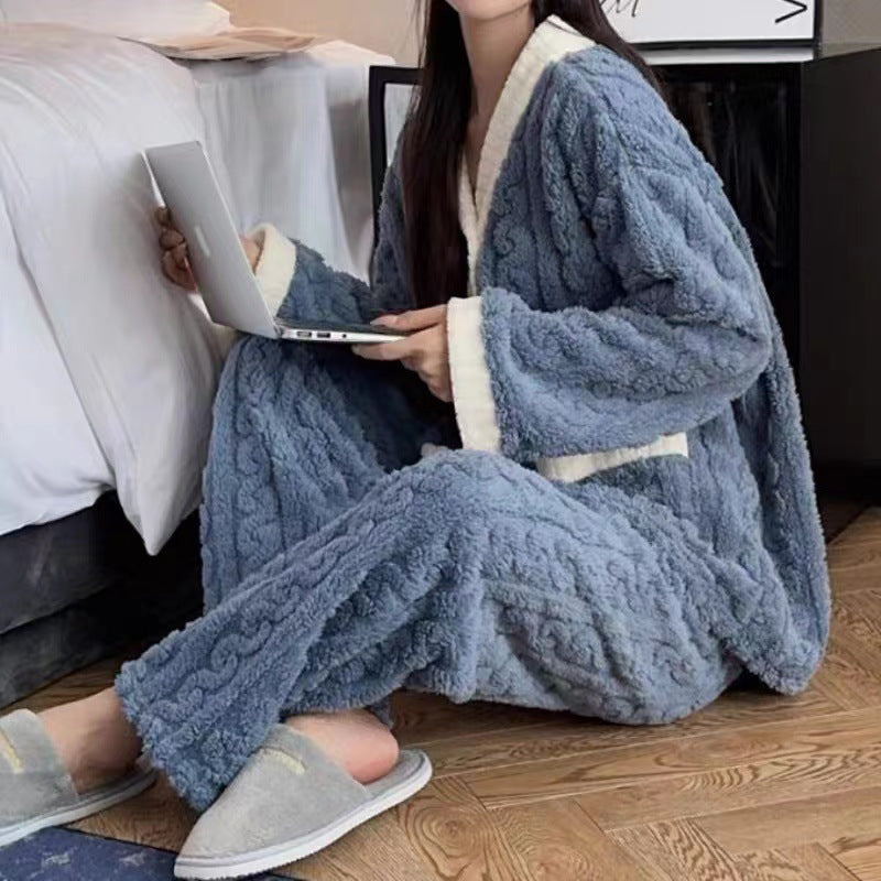 A Autumn and winter pajamas women's high-value fleece thickened can be worn outside loose Korean version of student coral fleece suit loungewear - Mixbatch