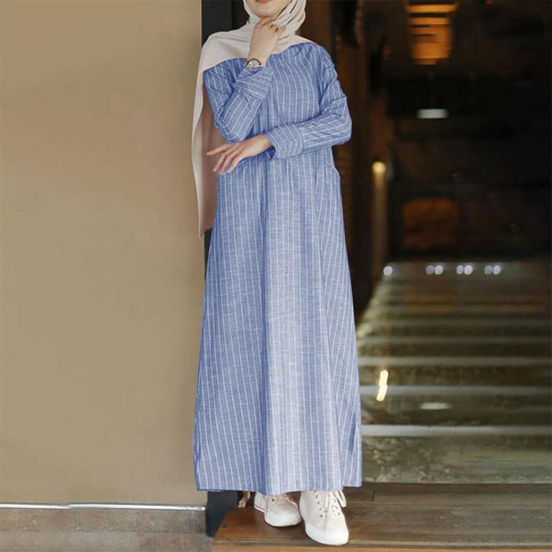 Middle East clothing Muslim women's cross-border supply of literature and art, retro national style, cotton and linen pullover, round neck A-shaped dress, dress - Mixbatch