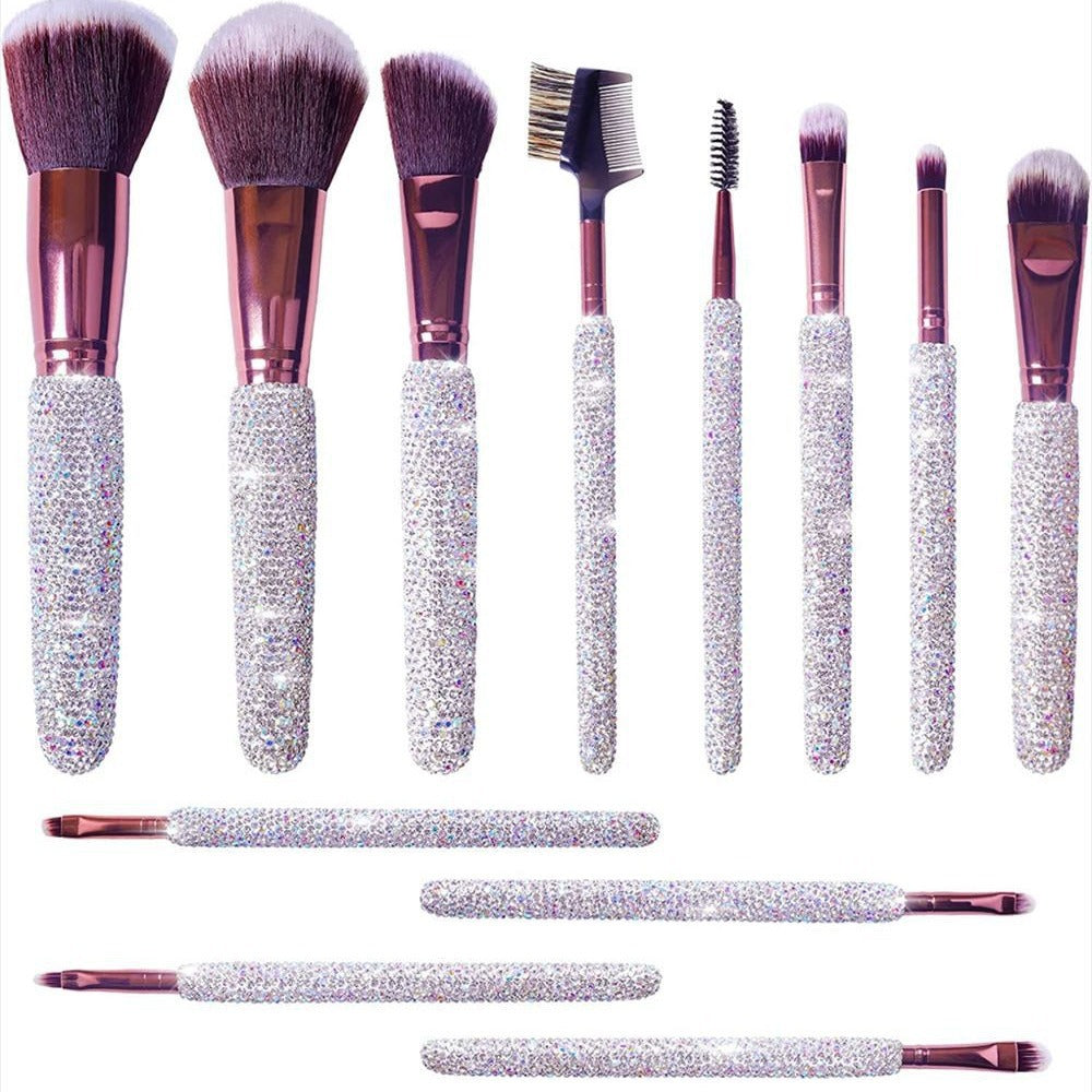 A High-grade diamond-encrusted makeup brush 12-piece set Factory direct sales diamond makeup tool set Loose powder blush makeup brush - Mixbatch