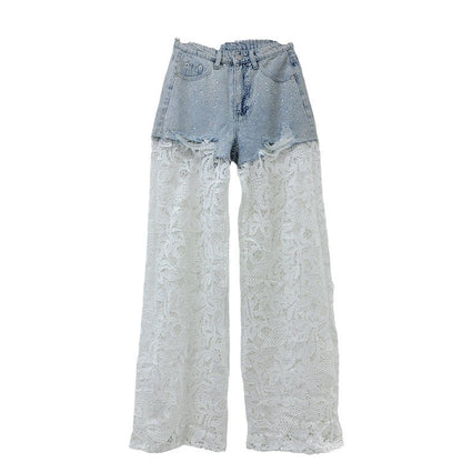 A Pink Lace Splicing Heavy Industry Hot Diamond Wide Leg Pants Women