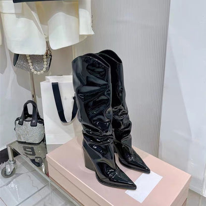 A European and American new thick heel pointed gold silver magic laser glossy pleated foreign trade cross-border large size long women's boots
