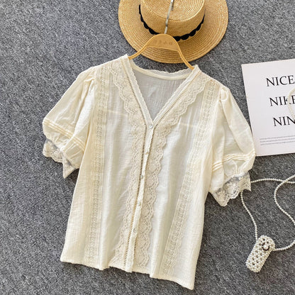 A Versatile Shirt Women's Summer Foreign Style Lace Splicing V-Neck Bubble Sleeve Cardigan Shirt Top