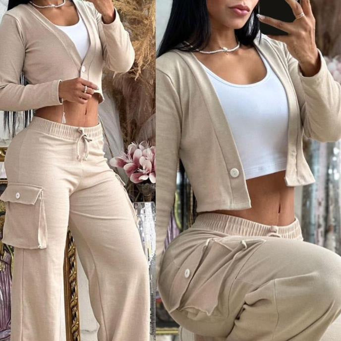 A Women's Casual Long Sleeve Solid Color Button Pocket Wide Leg Pants Set - Mixbatch