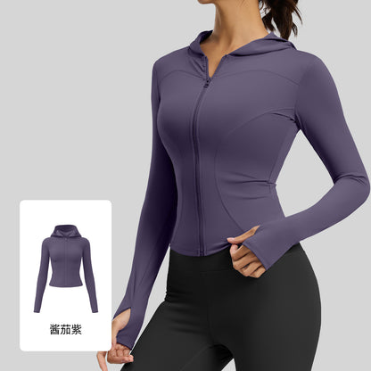 A Hooded Slim Yoga Jacket Stretch Skinny Windproof Running Cycling Sports Jacket