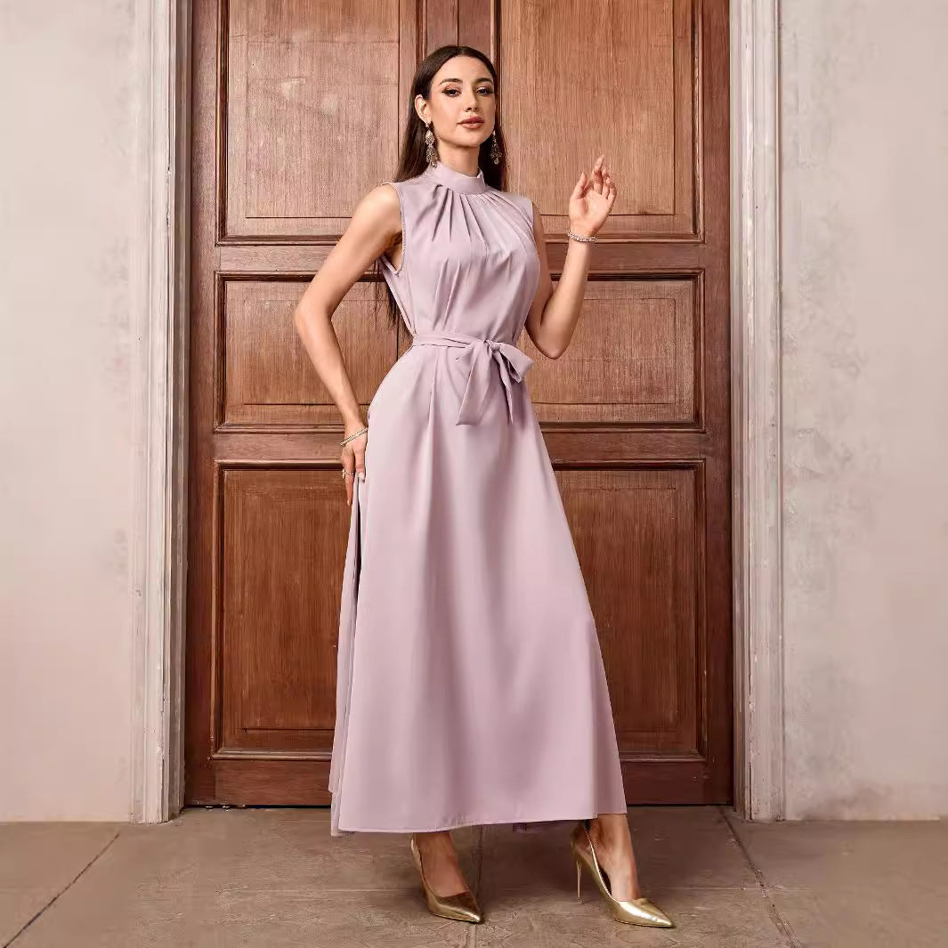 Women's Muslim Solid Color Casual Sleeveless Bottom Long Dress High Neck Belt Dress Inner Shirt - Mixbatch