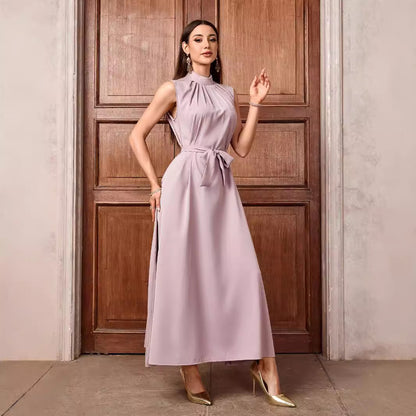 Women's Muslim Solid Color Casual Sleeveless Bottom Long Dress High Neck Belt Dress Inner Shirt - Mixbatch