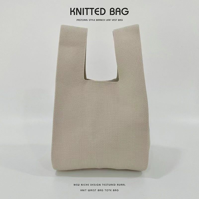 A Internet celebrity handbag women's knitted wool bucket bag Japanese and Korean version versatile hand carry casual tote bag box lunch bag y