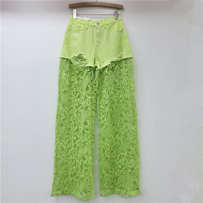 A Pink Lace Splicing Heavy Industry Hot Diamond Wide Leg Pants Women