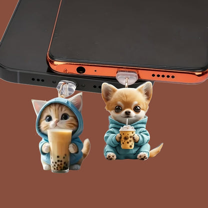 A Cross-border explosion Acrylic mobile phone dust plug Love milk tea dog and cat pendant Pendant Type-C oval interface