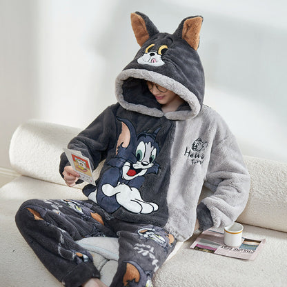 A Autumn and winter coral fleece men's and women's pajamas long-sleeved hooded cartoon flannel thickened couple loungewear warm suit