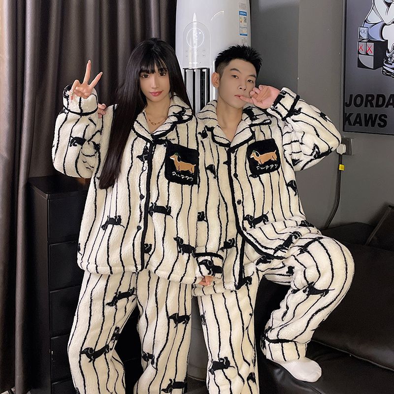 A autumn and winter coral fleece couple pajamas fleece thickened warm cartoon cardigan lapel can be worn outside loungewear set
