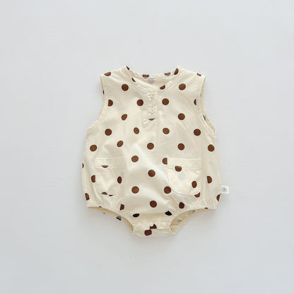 A Korean version of children's clothing, summer thin baby sleeveless bag, buttocks, ins newborn baby polka dot teddy bear all in one climbing suit - Mixbatch